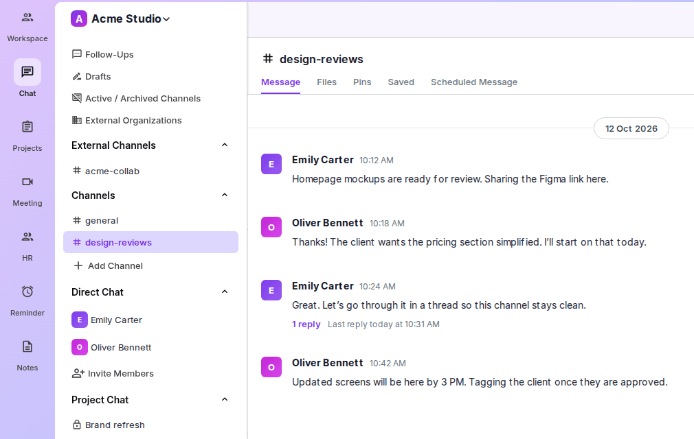 Zynito Chat workspace with channels, direct messages and a conversation in progress
