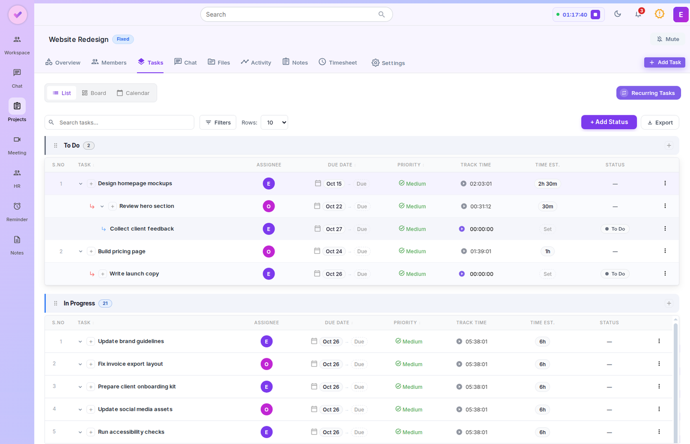 Zynito project task list with subtasks, assignees, due dates, tracked time and the project chat, files and timesheet tabs