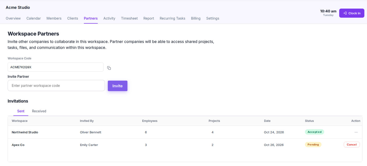 Zynito Workspace Partners page with a workspace code, partner invite field and sent invitations