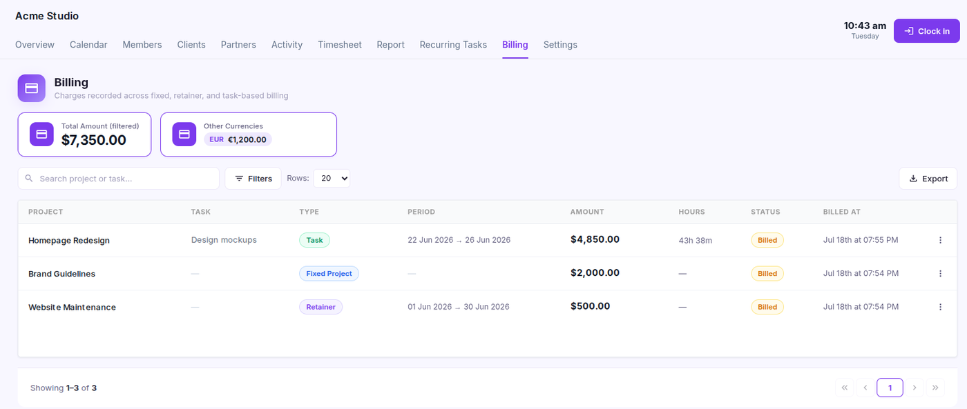 Zynito Billing page with task-based, fixed-price and retainer billing records