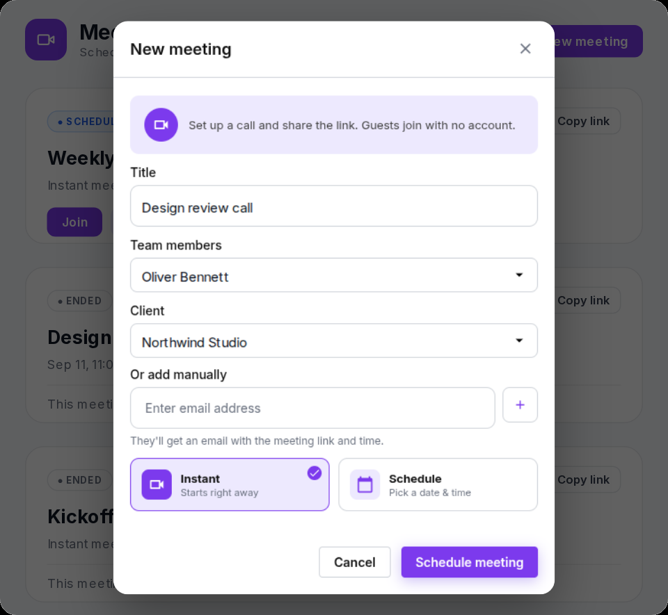 Zynito meetings page with the new meeting form open: title, team members, client and instant or scheduled options