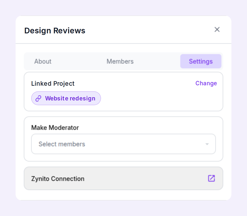 Zynito channel settings showing a channel linked to the Website redesign project
