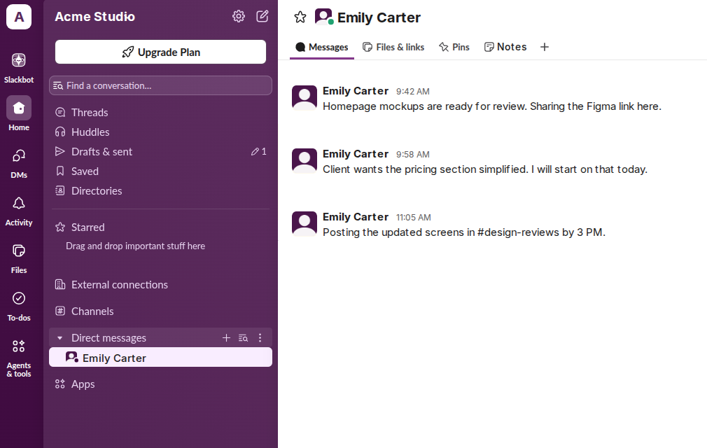 Slack direct message conversation with channels and apps in the sidebar